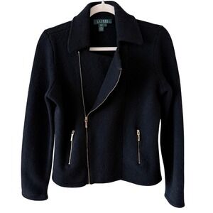 Lauren‎ Ralph Lauren Moto Jacket Lambswool Black Gold Zip Collared Women's S